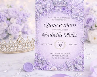 Lavender  Butterfly Quinceañera Invitation | Silver Floral Diamond Butterfly Quince Invite | Editable Quinceañera Invitation Template 5x7