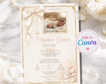 Infant Loss Memorial Announcement Editable Canva Template | Baby Girl Celebration Life Printable Stillbirth Keepsake Gold white