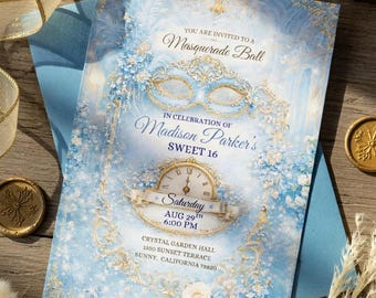 Sweet 16 Masquerade Invitation Template, Ice Blue Gold Birthday Invite, Editable Masquerade Ball Party Invite, Printable Sweet 16 Canva