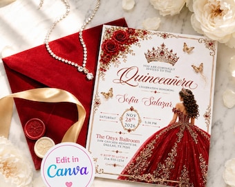 Editable Red Quinceañera Invitation|Red Gold Quince Anos Invite, Luxury Princess Quinceañera, Sweet 15 Invitation Template, Canva Invite
