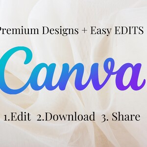 May include: The image displays the word "Canva" in a blue to purple gradient script font, with the text "Premium Designs + Easy EDITS" above. Below, the text reads "1.Edit 2.Download 3. Share" on a soft, white background.