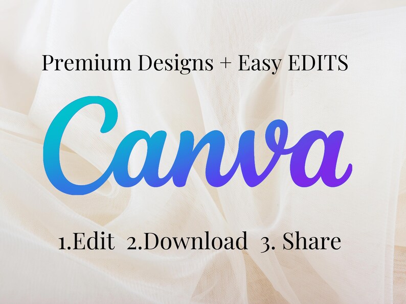 May include: The image displays the word "Canva" in a blue to purple gradient script font, with the text "Premium Designs + Easy EDITS" above. Below, the text reads "1.Edit 2.Download 3. Share" on a soft, white background.
