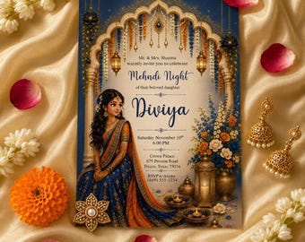 Mehndi Party Invitation Template, Editable Mehndi Night Invite, Indian Bridal Henna Party Blue Orange Gold, Canva Template Henna Party