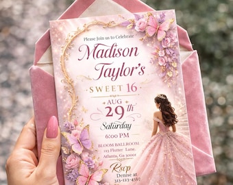 Sweet 16 Invitation Pink Gold Butterfly Princess Invite | Editable Canva Sweet 16 Invite | Butterfly Floral Sweet Sixteen Birthday Invite