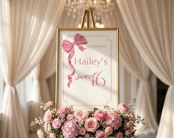 Sweet 16 Welcome Sign Editable Template Pink Bow Coquette Birthday Welcome Poster Canva Template Printable Sweet Sixteen Decor Girl Birthday
