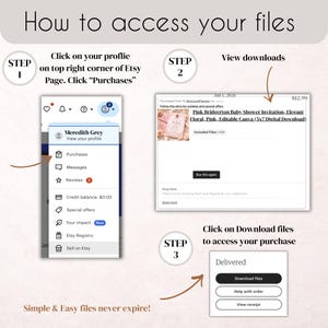 May include: A guide on how to access digital files purchased on Etsy. The image shows a step-by-step process, including clicking on the profile, viewing downloads, and downloading files. Text includes "How to access your files" and "Simple & Easy files never expire!"