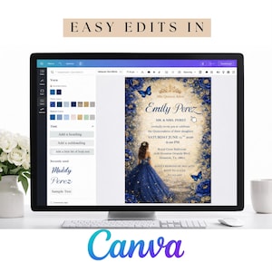 May include: A computer monitor displaying a Canva design interface. The design features a blue and gold quincea&ntilde;era invitation with the text "Emily Perez." The screen also shows editing tools and color palettes.