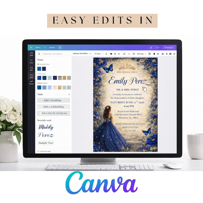 May include: A computer monitor displaying a Canva design interface. The design features a blue and gold quincea&ntilde;era invitation with the text "Emily Perez." The screen also shows editing tools and color palettes.