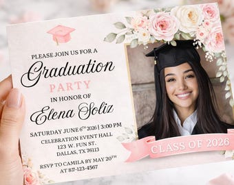 Pink Floral Graduation Invitation Template with Photo, Class of 2026 Invite, Editable Canva Template, Printable Digital Download 5x7