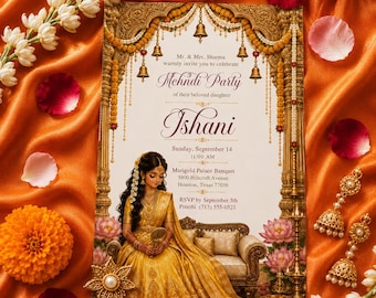 Henna Party Invitation Template, Editable Yellow Gold Mehndi Night Invite, Traditional Indian Bridal Henna Party, Canva Template