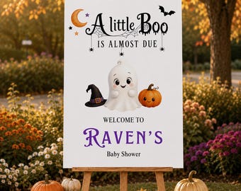 Letrero de bienvenida para baby shower de Halloween editable: Un pequeño fantasma está por llegar. Plantilla imprimible digital personalizada con calabaza fantasma.