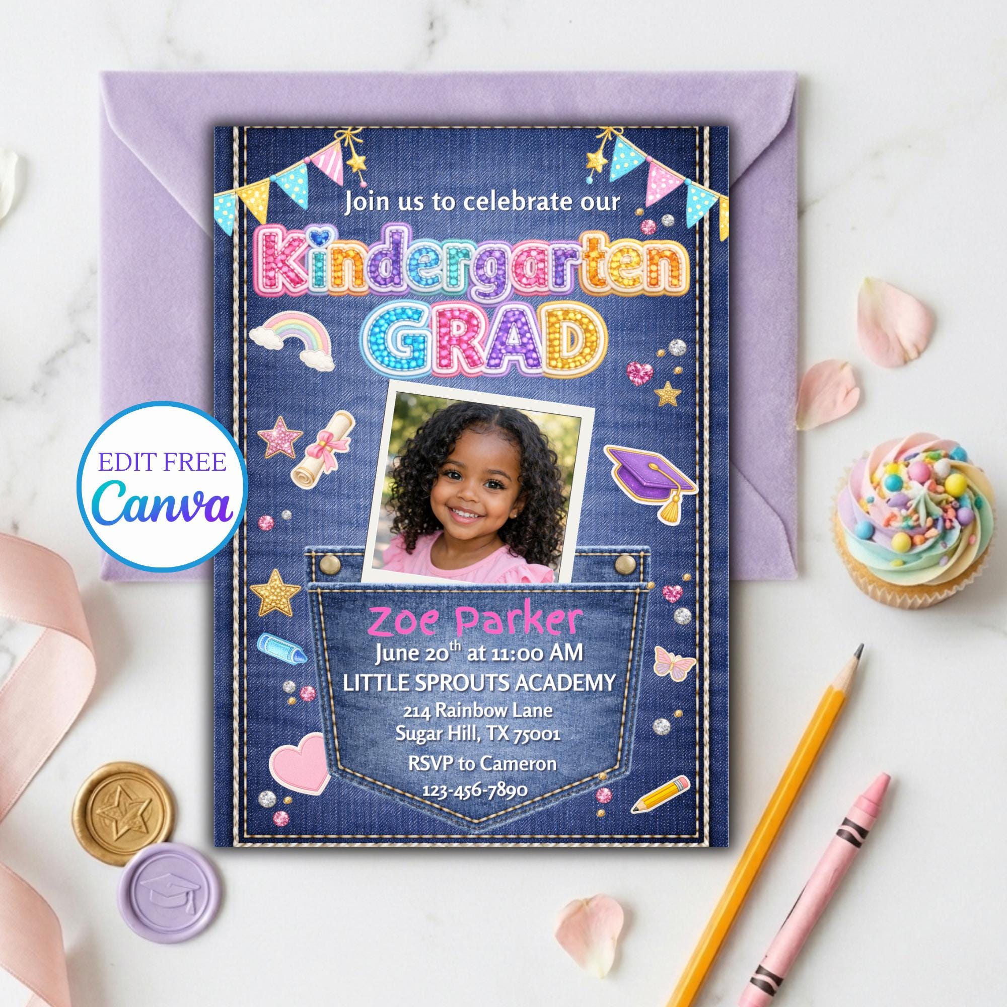 Kinder Invit Girl Kindergarten 2026 Graduation Invitation Template | Photo Kids Grad ...