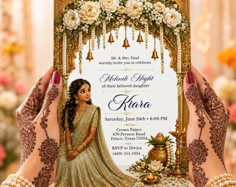 Editable Sage Green Gold Mehndi Night Invite, Floral Indian Bridal Henna Party, Canva Template Henna Party Invitation Template, Sangeet