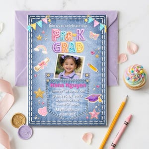 May include: A Pre-K graduation invitation with a denim-style background. The invitation features the text "Pre-K GRAD" in colourful letters, a photo of a smiling child, and event details. Decorative elements include stars, a rainbow, and a graduation cap.