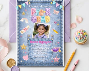 Pre K Graduation Invitation Template | Kindergarten Girl Sparkle Grad Invite Canva Editable | Photo Kids Graduation Party Invite Denim Patch