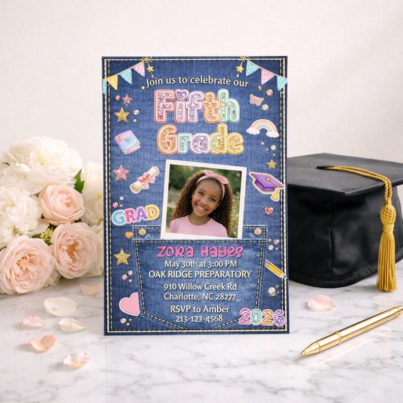 May include: A denim-themed invitation card for a fifth-grade graduation. The card features the text "Fifth Grade" in colorful letters, a photo of a young girl, and event details. A graduation cap and pen are in the background.