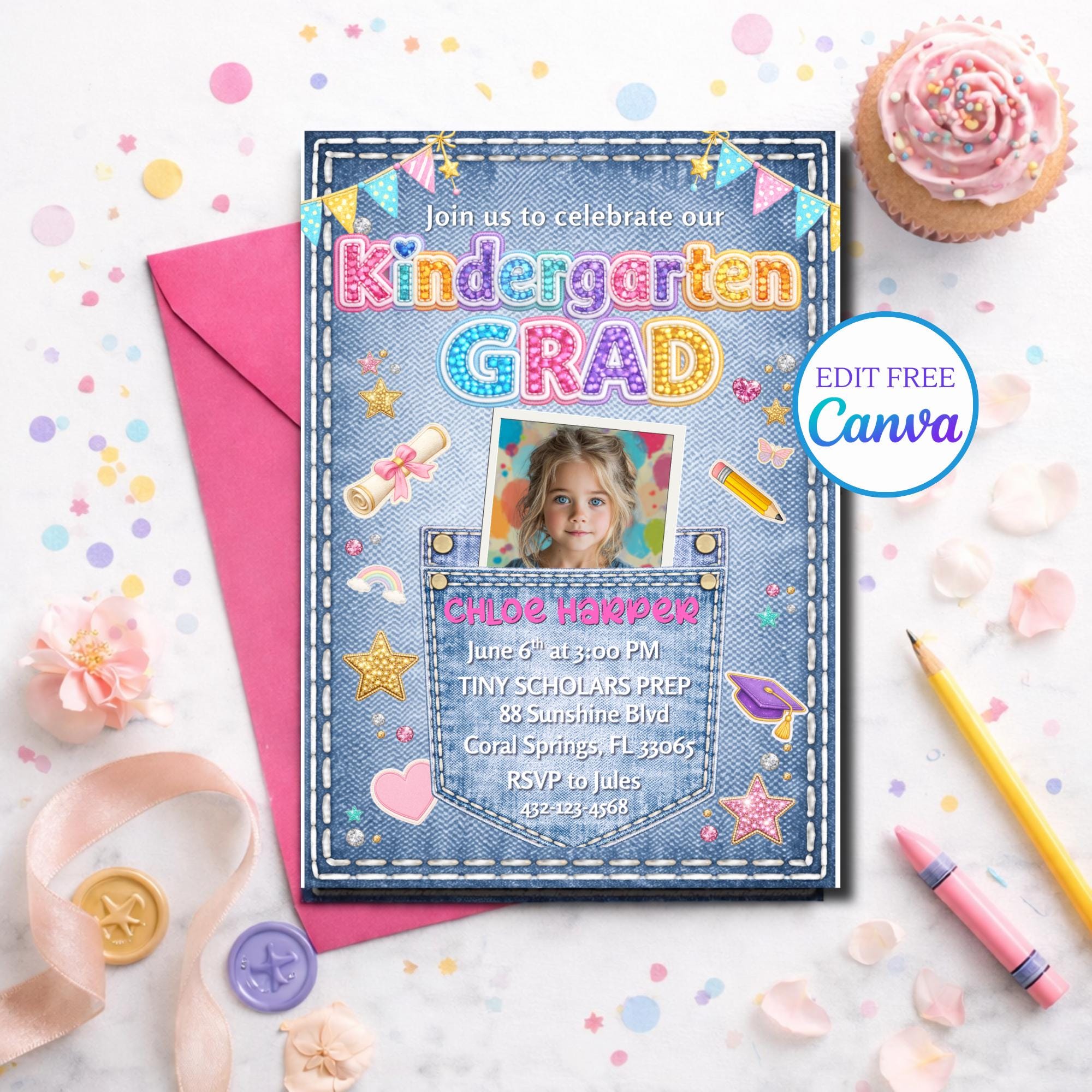 Kinder Invit Kindergarten Grad Invite Girl Template | Kindergarten Girl Sparkle Grad ...