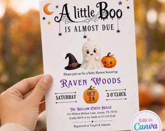 Invitación editable para baby shower de Halloween: Un pequeño fantasma está por llegar. Plantilla imprimible de descarga instantánea con diseño de calabaza fantasma adorable.
