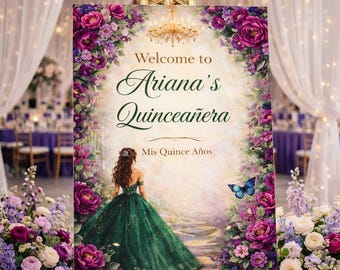 Quinceañera Welcome Sign Template, Butterfly Mis Quince Años Sign, Emerald Green Purple Floral, Editable Canva Digital Download