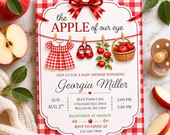 Apple of Our Eye Baby Shower Invitation Template, Apple Baby Shower Invite, Little Apple Theme Baby Shower, Red Gingham Baby Shower Invite,