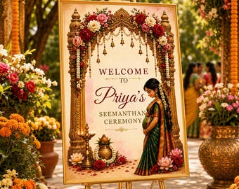 Luxury Seemanthan Ceremony Welcome Sign Editable Canva Template | Indian Baby Shower Printable Mandap Floral Decor