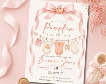 Pink Pumpkin Baby Shower Invitation Editable Template Girl Fall Clothesline Bow Autumn Instant Download Printable Digital Invite