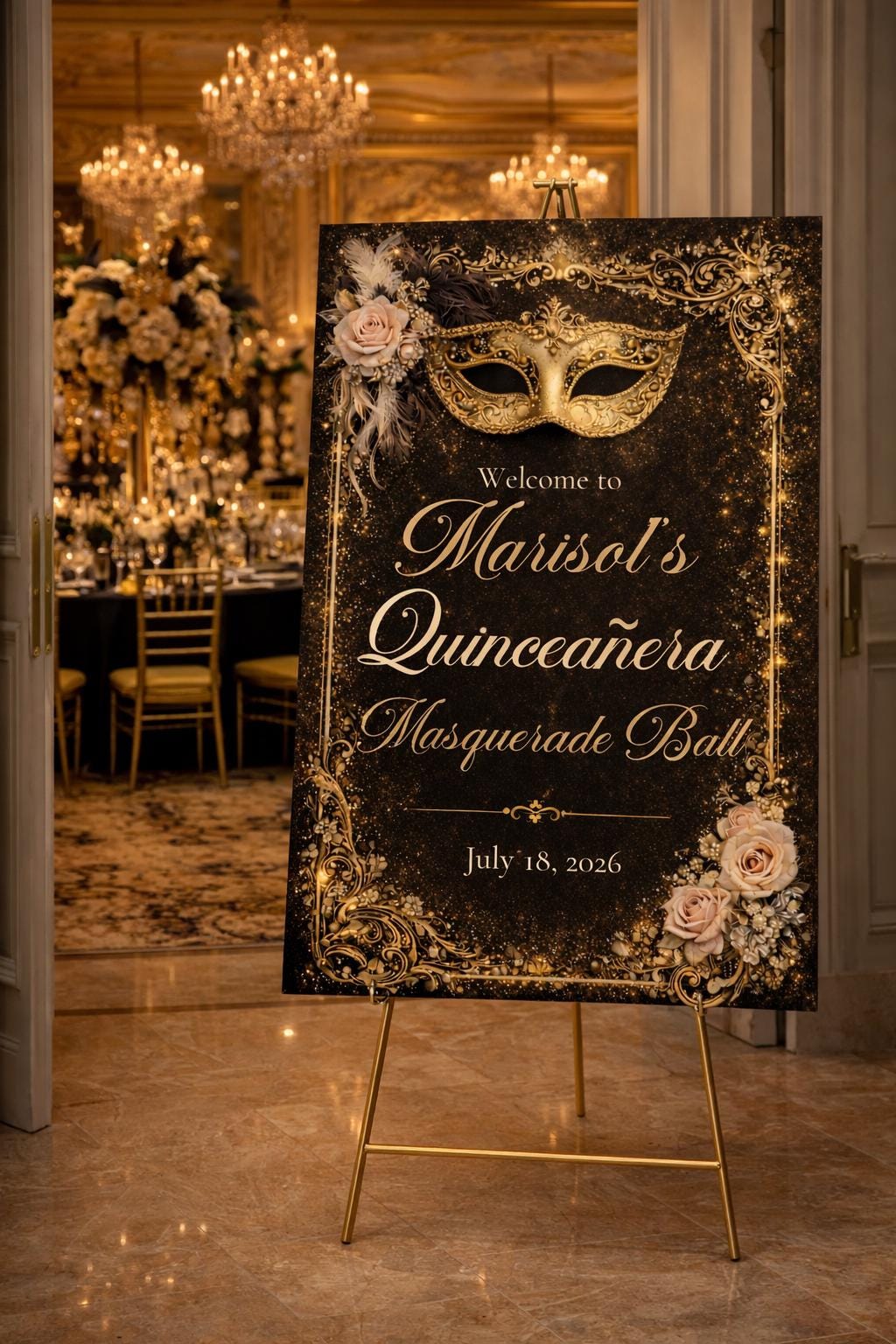 Masquerade Quinceañera Welcome Sign Template 20x30 | Black & Gold ...