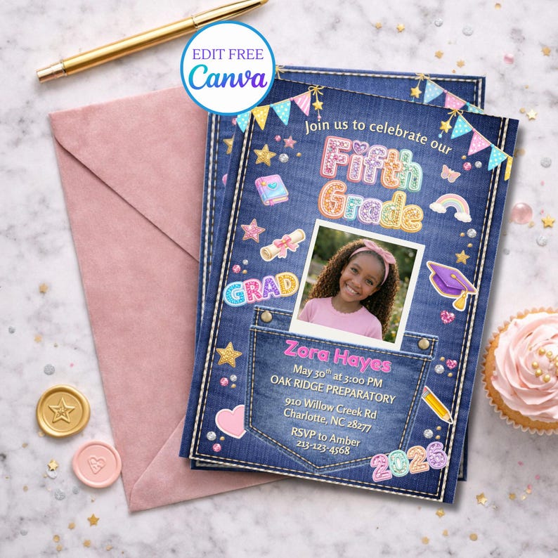May include: A blue denim-style invitation for a Fifth Grade graduation, featuring a photo of a smiling girl. The invitation includes text, decorative elements, and a pink envelope. A gold pen and wax seals are also present.