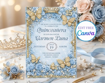 Invitación de Quinceañera Mariposa de Diamante Azul y Dorado, Invitación de Quinceañera Cristal Plateado, Plantilla de Canva Editable 5x7 Plantilla Quince Años 15