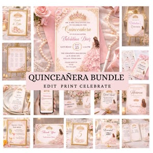 Pink & Gold Quinceañera Invitation Bundle | Elegant Floral, Editable Digital Template
