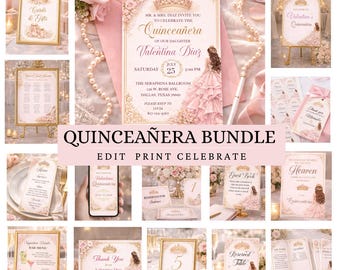 Pink & Gold Quinceañera Invitation Bundle | Elegant Floral, Editable Digital Template