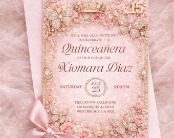 Luxury Pink Butterfly Quinceañera Invitation | Gold Floral Diamond Butterfly Quince Invite | Editable Quinceañera Invitation Template 5x7