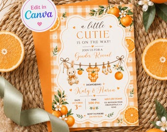 Little Cutie Gender Reveal Invitation Template | Orange Gingham Baby Shower Invite | Editable Instant Download Printable 5x7