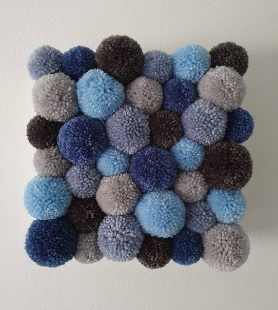 Blue mix pom pom wall art/picture. Pom pom wall hanging, home decor. 20x20cm deep edge canvas. Fibre art. Modern art. Contemporary art.