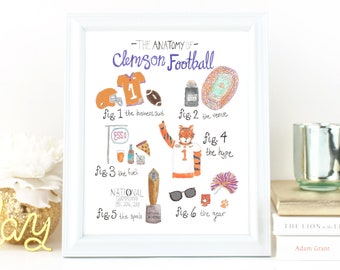 Anatomy of Clemson Football Print Illustrated Watercolor Tigers Football National Champions