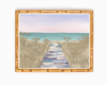 Coastal “Golden Hour” Beach Dunes Ocean Art Watercolor Print