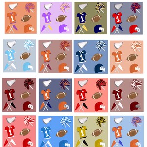 以下が含まれることがあります： 16個の正方形のグリッドで、それぞれにフットボールのジャージ、フットボール、メガホン、ポンポン、フットボールのヘルメットが入っています。正方形はオレンジ、パープル、グリーン、ブルー、ブラウン、レッド、ピンク、イエローなど、さまざまな色です。画像の上部には「Gameday Collection Color Choices」というテキストがあります。画像の下部には「I can do any color combo even if you don't see it here!」というテキストがあります。