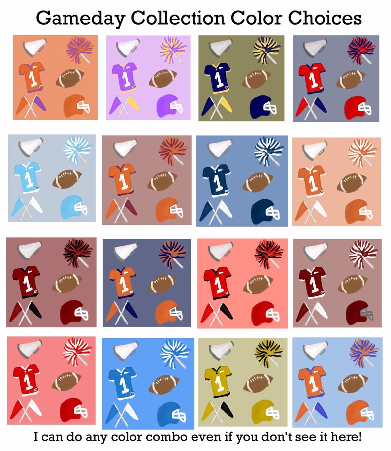 以下が含まれることがあります： 16個の正方形のグリッドで、それぞれにフットボールのジャージ、フットボール、メガホン、ポンポン、フットボールのヘルメットが入っています。正方形はオレンジ、パープル、グリーン、ブルー、ブラウン、レッド、ピンク、イエローなど、さまざまな色です。画像の上部には「Gameday Collection Color Choices」というテキストがあります。画像の下部には「I can do any color combo even if you don't see it here!」というテキストがあります。