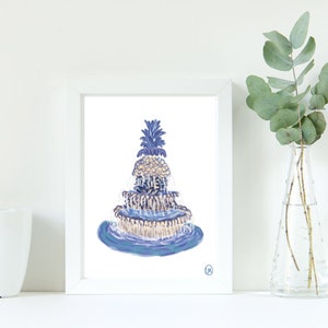 May include: A framed illustration of a blue and white pineapple fountain. The fountain has three tiers and is surrounded by blue water. The pineapple is topped with a green leafy crown.