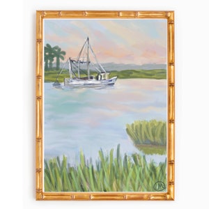 Coastal “Lowcountry Boil” Shrimp Boat Marsh Ocean Art Watercolor Print