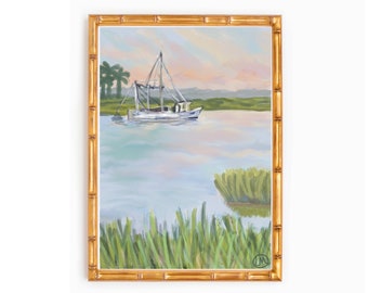 Coastal “Lowcountry Boil” Shrimp Boat Marsh Ocean Art Watercolor Print