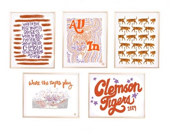 Clemson Tigers Art Prints Football Illustrated Watercolor Gallery Wall