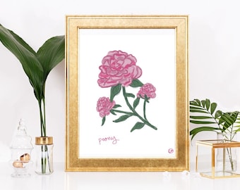 May include: A framed print of a pink peony flower with green leaves and the word "peony" written below it.
