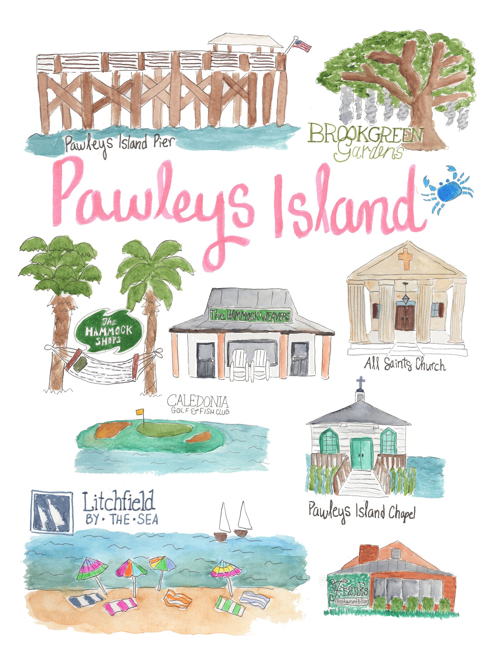 Pawleys Island SC Map Landmark Print Illustrated Watercolor Etsy