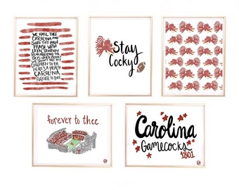 Carolina Gamecocks UofSC South Carolina Art Prints Football Illustrated Watercolor Gallery Wall