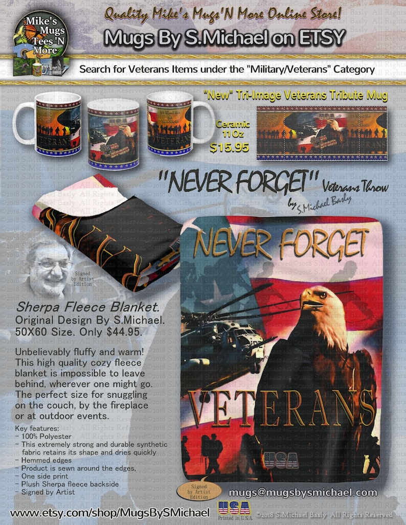 Design By S.Michael Printed in U.S.A Only 44.95 Shipping. Eagle Blanket Veterans NEVER FORGET Sherpa Fleece 50X60 Size