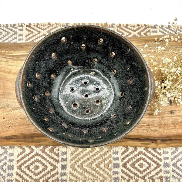 Handmade stoneware colander/ Rustic Black strainer/ gift idea/ wheel thrown/ Colonial Collections Stoneware/ berry bowl/ Michigan Made