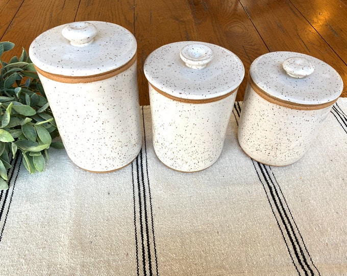 Pottery Canister Set of 3/ Handmade Stoneware Lidded Jars/ Kitchen