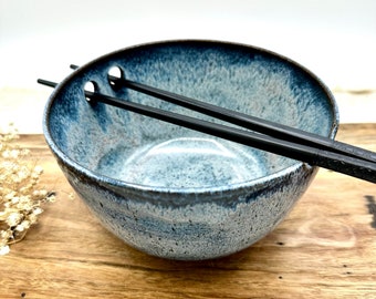 Handmade Stoneware Ramen Bowl: Frost Blue Noodle Bowl with Chopsticks