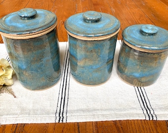 Conjunto de 3 potes de cerâmica/potes com tampa de grés feitos à mão/decoração de cozinha/pote de farinha/açucareiro/cerâmica azul rústica envelhecida CCStoneware